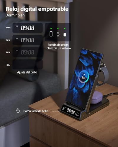 SwanScout Estación de Carga para Samsung S26 Ultra, Cargador Inalámbrico 3 en 1 para Galaxy S26+/S25/S24/S23/Note 20/Z Flip/Z Fold, Galaxy Watch Ultra/8/7/6/5/FE, Galaxy Buds3 (Sin Adaptador) (Negro)