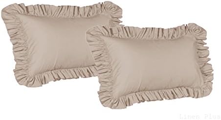 2 Piece Queen Size Ruffled Shams Solid Beige Cover Case Decorative Pillow