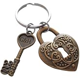 Custom Bronze Heart Lock Charm Keychain with Engraved Heart Key Charm, Couples Anniversary Keychain