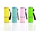 Adecco LLC 9 LED Glow in Dark Flashlights, 4 Pack Rubber Coated Flashlights with Straps, Portable Handy Lights for Camping, Hiking, Indoor, Assorted Colors