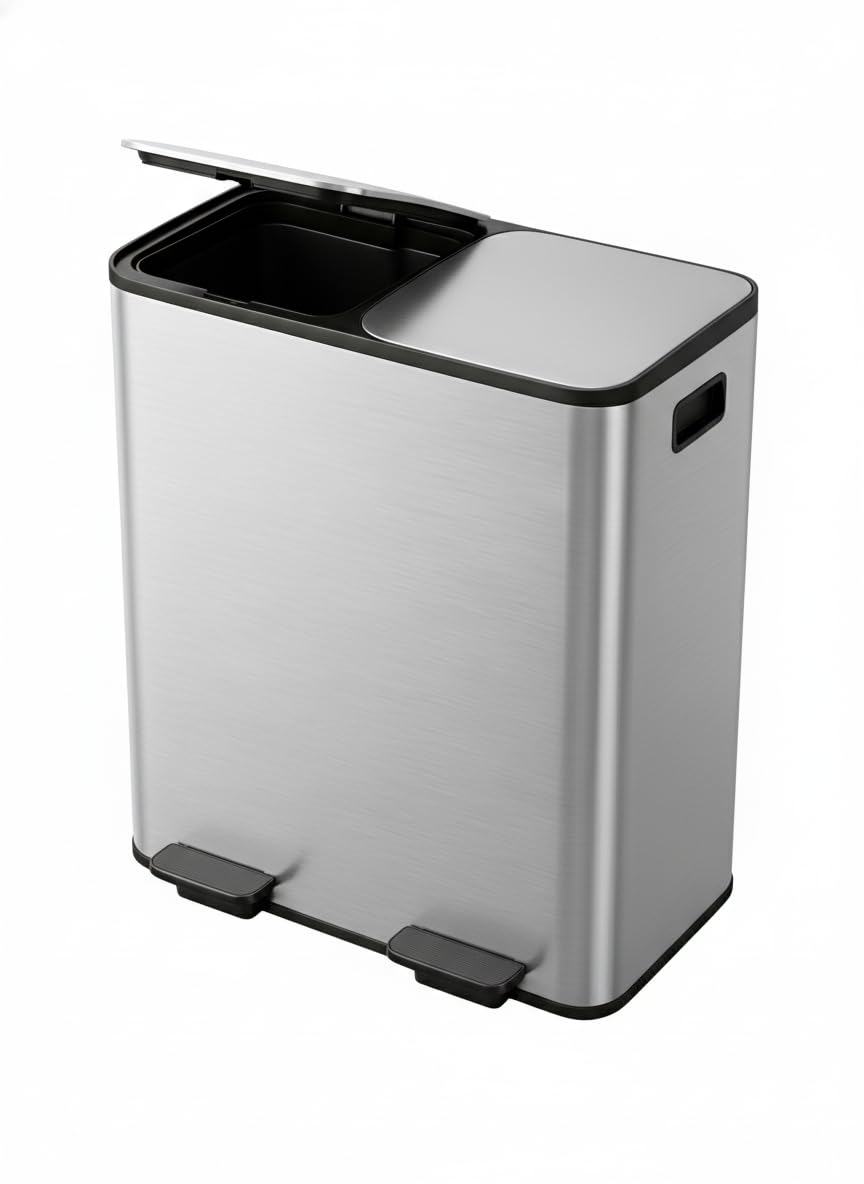 GarveeHome 2 x 8 gal Stainless Steel Double Trash Can with Lid for Kitchen, Large Dual Trash and Recycle Bin Combo, Step-on Kitchen Metal Garbage Cans, PP Inner Buckets, Liner Rim