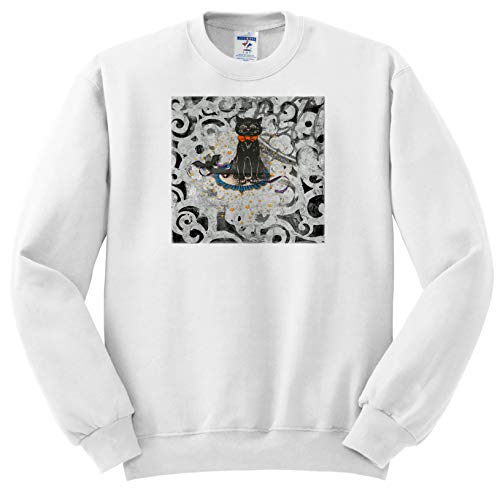 3dRose Beverly Turner Halloween Design - Black Cat, Orange Bow, and Bat on Abstract, Black and Gray, Gold Stars - Sweatshirts