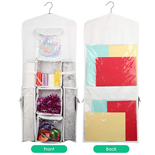 Hanging Gift Bag Wrap Organizer Wrapping Paper Rolls Holder Storage Double-Sided Pockets 40 x 16 Inch Tearproof & Space Saving Closet Gift Bag Organization for Birthday Party Christmas (White) - Thumbnail 7