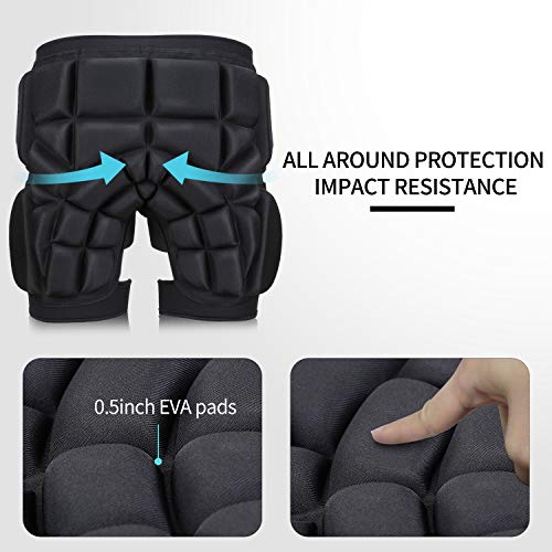 3D Protective Hip Pad Protective Gear Guard Drop Resistance Hip Butt Tailbone EVA Padded for Ski Roller Skating Skateboarding Snowboard Ice Skating Hockey Cycling Fits Kids Teens Adults (S) Black - Thumbnail 3