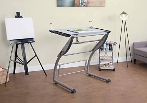 Studio Designs Triflex Drawing Table, Sit to Stand Up Adjustable Desk, Silver/Blue Glass - Thumbnail 4