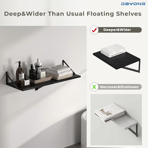 DAYONG Deep Wall Mounted Floating Shelf, 16W x 12D Rustic Wood Floating Shelves with Metal Brackets, Set of 2 Hanging Shelf for Kitchen, Living Room, Bathroom and Bedroom Decor (Black)