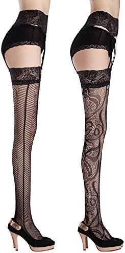 Joulli Women's Fishnet Thigh High Stockings Garter Belt Lace Pantyhose Black (1 Pack)