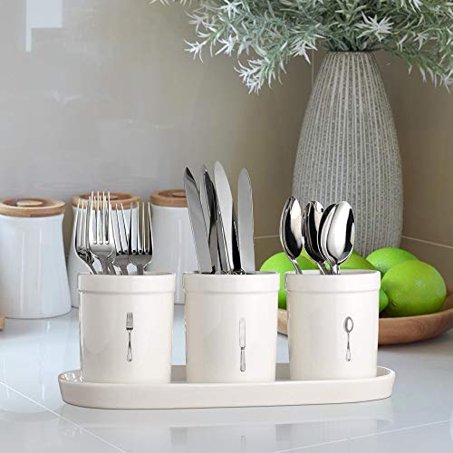 Emenest Flatware Organizer Set, 4-pc Ceramic Utensil Crocks on Tray - Printed Mugs on Stoneware Caddy - Home and Party Dinnerware Set - Thumbnail 4