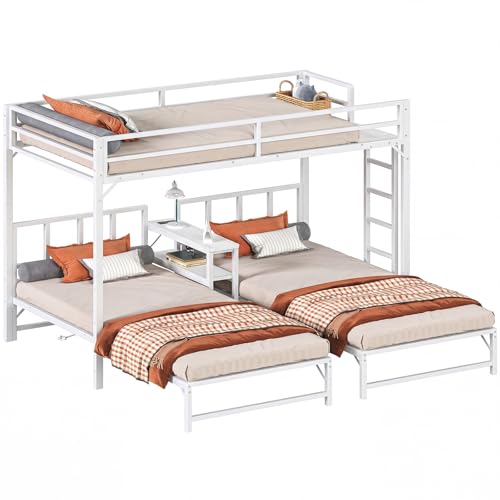 Simple Wisdom Literas de 3 Camas,Literas Individuales Tiene Tres Base Cama Individual,Litera Triple con Mesa,Equipado con Barandillas y Escaleras,La Base Metal es Resistente y Estable (Blanco)