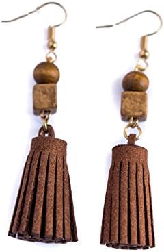 Suede Tassel Earrings with Round Wooden Beads in Brown Boho Hippie Chic