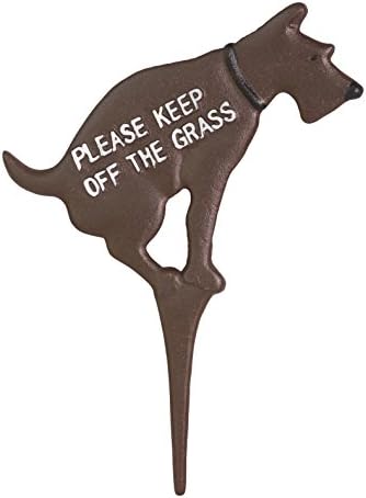 Keep Dog Off The Grass Yard Sign No Pooping Large 8.5" x 12" Solid Cast Iron Painted on Both Sides (Brown with White Paint)