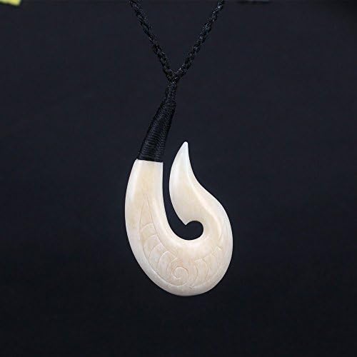 XKchief Hand Carved Tribal Fishhook Hei Matau Pendant with Fern Leaf Pattern
