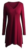 DUBACH Women 's Basic V-Neck Long Sleeve Irregular Hem Wine Red Loose Dress