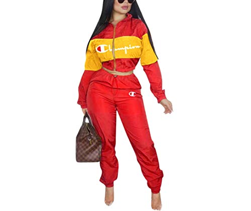 Womens 2 Piece Outfits Tracksuit Set Casual Letter Print Blazer Crop Sweatshirts and Skinny Long Pants Top and Pants Romper Red