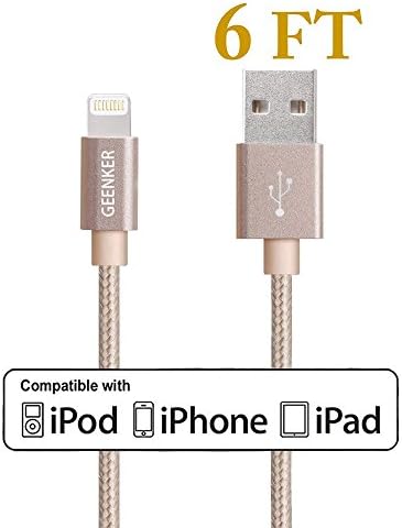 Lightning Cable, GEENKER 6FT Extra Long Nylon Braided 8 Pin USB Charging Cord for Apple iPhone 7/7 plus, 6/6s/6 plus/6s plus, 5c/5s/5/se, iPad Air/Mini, iPod Nano/Touch on iOS9. - Gold