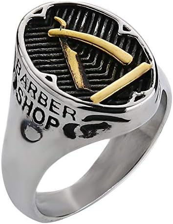 Valily Barber Shop Decor Ring Men Fashion Punk Silver Black Finger Ring Band Stainless Steel Barber Razor Jewelry Rings