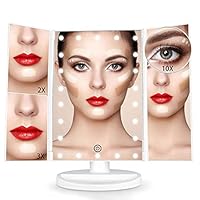 Makeup Mirror with Lights, ECRAB 22 LED Vanity Mirror with Touch Control, Tri-Fold Mirror 1/2/3X/10X Magnification, 180° Adjustable Rotation, Dual Power Supply (White)