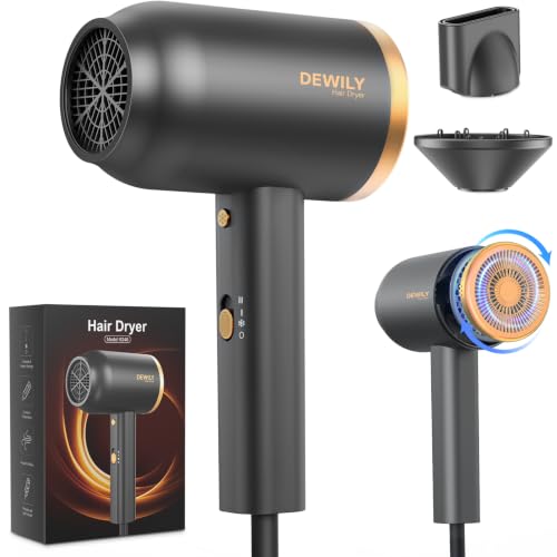 DEWILY 1800W Ionic Hair Dryer with Diffuser – Quick Drying with Hot/Cold Button, Thermostatic Diffuser, 3 Temperatures and 2 Speed, Includes Concentrator and for Curls, Black and Gold