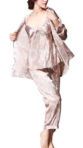 Jusfitsu Women's Pajama Sets Elegance 3pcs Silk Pajamas Womens Sleepwear Sets Camel L