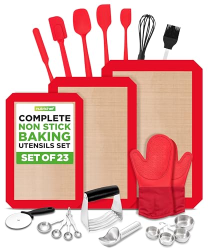 NutriChef 23-Piece Essential Baking Utensils Set – Measuring Cups and Spoons, Scraper, Oven Mitts, Whisk, Silicone Baking Mats and More - Dishwasher Safe, Perfect for Baking and Cooking (Black)