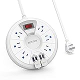 BESTEK Power Outlet Strips, 4 USB Ports Desktop Charging Station with 6-Outlet 13A 125V, 6 Ft Extension Cord, 220J, White, Ultra-Compact for Dorm Room, Bedside, Cruise Ship and More
