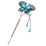 Winson Traditional Chinese vivid butterfly inlaid crystal rhinestone bead antique brass metal decorative hair pin stick with dangle tassel