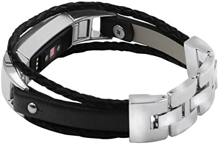 Watch Strap, BTChoice New Replacment Braided Rope Genuine Leather Watchband Wrist Strap Band Bracelet for Fitbit Alta / Alta HR Heart Rate Tracker (Black, Large)