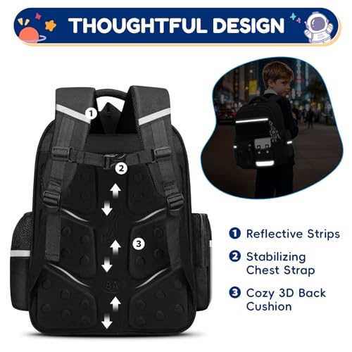 Amythe CE2 CM1 CM2 Boys' Primary School Bag, Multi-Compartment Primary School Bag with Reflective Strips for Boys 8-12 Years, Black, Classic | Children's Backpack CE2 CM1 CM2, Multi-Compartment Lightweight School Bag for Boys 8-12 Years, Back to School