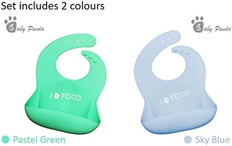 I LOVE FOOD Silicone Baby Bibs by Baby Panda โ Set of 2 - Waterproof Bibs with Wide Pocket for Babies Boys & Girls โ Soft, Comfortable and Safe for Toddlers โ Quick and Easy to Clean