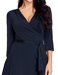 Vestido de cuello en V para dama, talla grande, color liso, longitud de la rodilla 3 4, manga alta