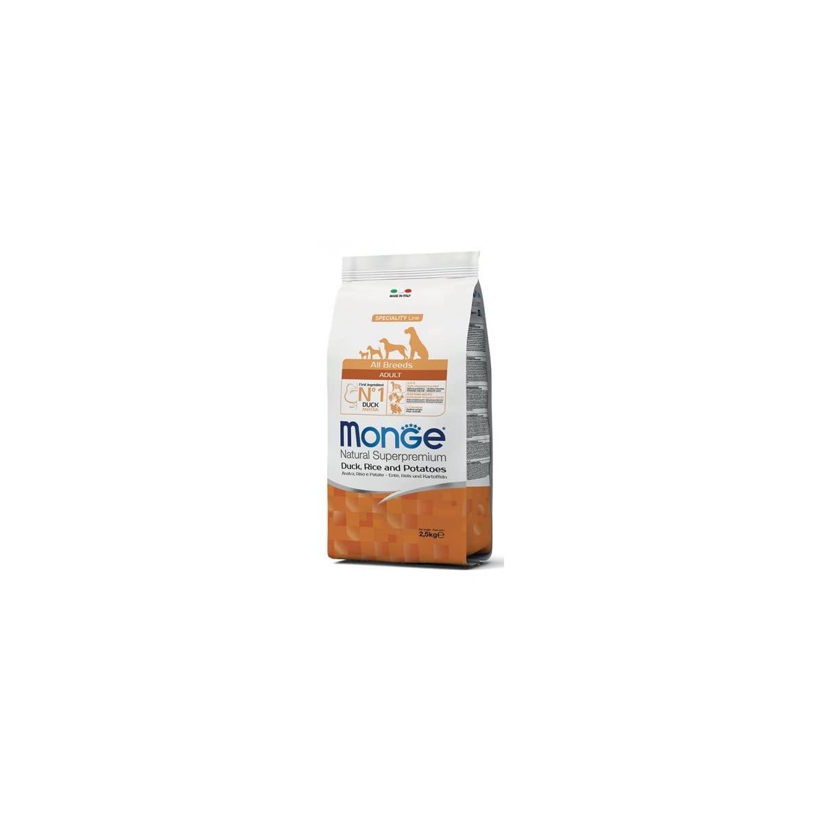 Monge Natural Superpremium ADULT DUCK, RICE AND POTATOES, dog food for all breeds (dry dog food with duck, rice and potatoes, very rich in fiber and vitamins, 2.5 kg)