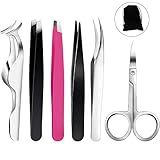 Bememo 6 Pieces Tweezers Kit for Eyelashes Extension Set, Eyelash Lash Tweezers and Eyebrow Scissors, Fake Extensions Tweezer Set Applicator