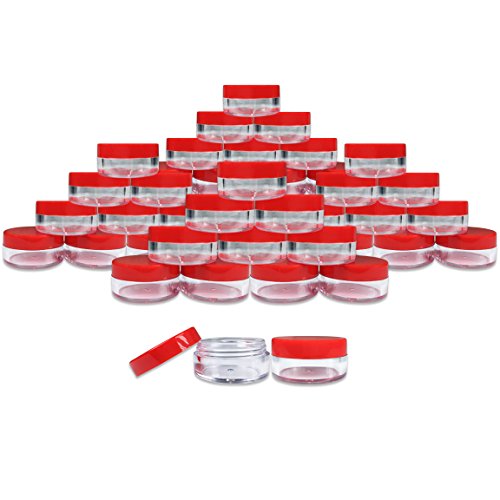 (Quantity: 40 Pieces) Beauticom 10G/10ML Round Clear Jars with RED Lids for Beads, Gems, Glitter, Charms, Small Arts and Crafts Items - BPA Free