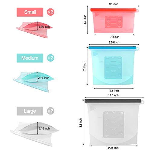 Reusable Silicone Food Storage Bags (Set of 6)-2xLarge 50oz, 2xMedium 30oz, 2xSmall 16oz, Sungwoo Airtight Seal Food Bag for Sandwich, Fruits, Liquid, Snack, Freezer, Microwave, Dishwasher Safe