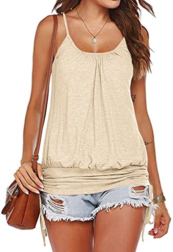 Hongqizo Women Summer Tank Tops Casual Spaghetti Strap Banded Bottom Loose Camisole Side Shirring Lace Up Shirts Beige at Amazon