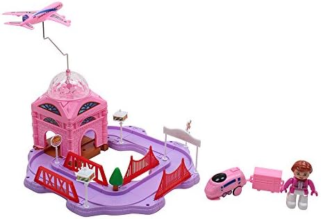Wish Novelty- Race Track Car &amp; Airplane Set , Pink Racing RaceTrack Toy with Music &amp; Lights , Kids Vehicle Playset , Track Set Gift for Girls- Battery Operated