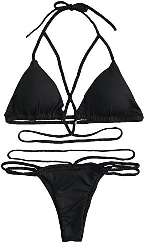 Saitai Women's Braided Double Straps 2pcs Halter Padding Bikini Set Swimsuit (X-large, Black)