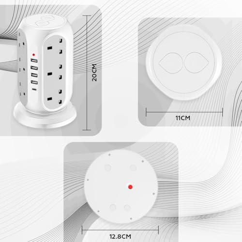 AMROAH 4000W 2m Cord Extension Tower Strip 12 Outlets 4 USB A 1 Type C 2 Switch, Surge Protector Multi Extension Tower Lead Multiplug Socket, Extension Cord with Multiple Plug for Home Office (White)