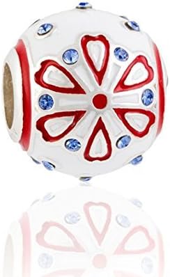GenericRed & White Enamel Sterling Silver Heart Charm Bead S925 w/blue Swarovski crystals, Red Hearts Blue Crystals Sterling Silver Charm Bead pendant necklace, Folk Art Inspired Love charm fits Pandora
