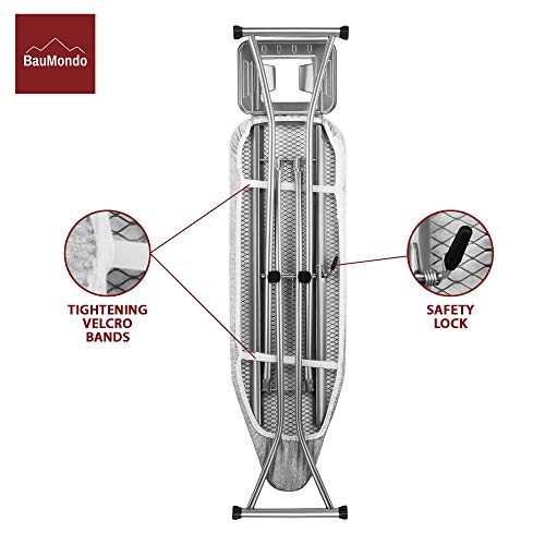 BAUMONDO Ironing Board, Adjustable Height, 4-Leg, 43.3''x13'' Board with Ironing Rest