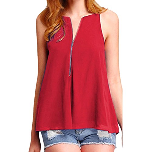 Click Here to See More Images NREALY Women Chiffon Zipper V Neck Tank Tops Cami Sleeveless Shirt Vest Blouse(Red ,XX-Large)