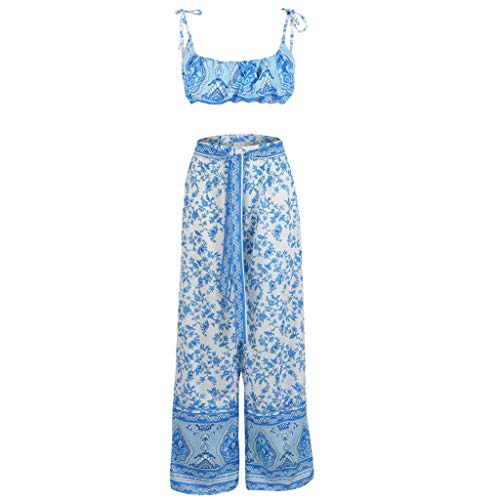 2Piece Womens Boho Casual Outfits Set,Shoulder Tie Floral Print Crop Top Flared Belt Wide Leg Palazzo Pants Suit Blue
