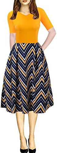 Women Vintage Casual Swing 3/4 Sleeve Patchwork Floral Midi Dress with Pockets for Work