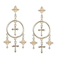 GUYUEXING Cross Tassel Hoop Dangle Earrings for Women Girls (Gold)