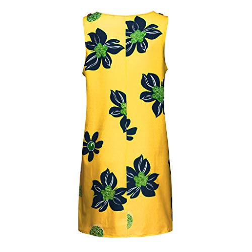 Women Boho Tunic Mini Dress, Lady Summer Strap Round Neck Button Printed Shift Beach Sundress with Pockets (X-Large, Yellow)