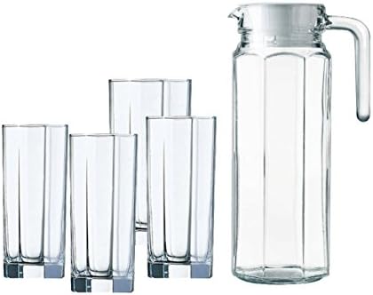 Lemon Glass Water Pitcher with Lid-Set of 4 Cups For Hot &amp; Cold Water, Juice Jar and Iced Tea With Drinks Pitcher-37 oz