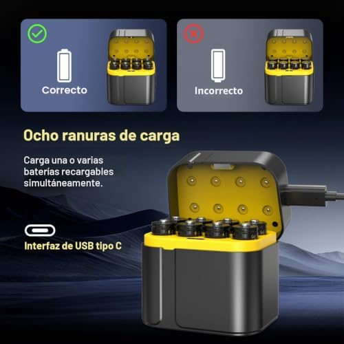 Paquete de 8 Pilas Recargables AA 1,5V Litio 3600mWh Alta Capacidad + Cargador Rápido con Pantalla LED - Más de 2000 Ciclos - Baterías de Larga Duración