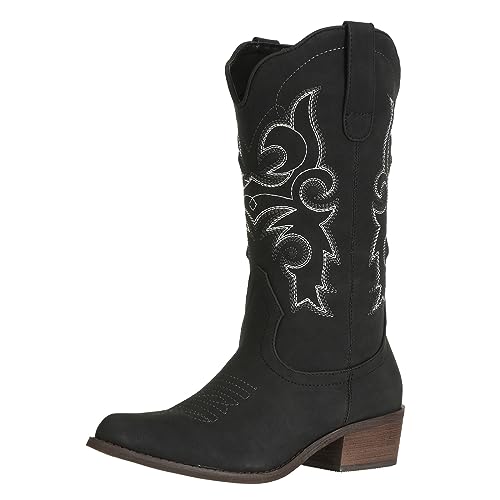 J's.o.l.e Western Cowgirl Cowboy Boots for Women Mid Wide Calf Pointed Toe Riding Country Black Boots US Size 9.5 at Amazon