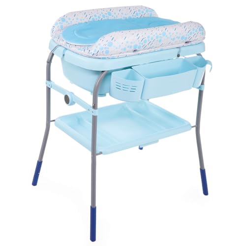 , Cuddle & Bubble baignoire à langer ergonomique avec matelas et réducteur souple, hauteur réglable, fermeture compacte, rangement pour les parents, max 11kg, Océan, Bleu