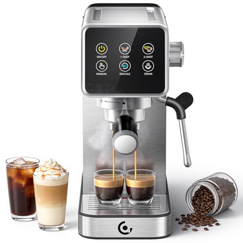 AMZCHEF Espresso Coffee Machines with 20 Bar Pressure, Self-Cleaning & Memory Function, LED Touch Screen, Compact Coffee Machine with Milk Frother for Home, Metallic Silver